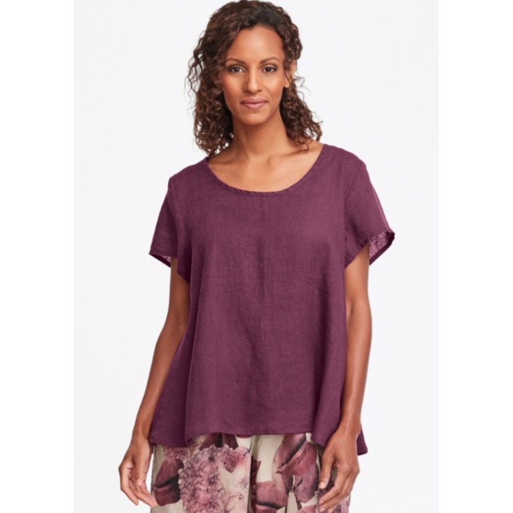 FLAX 100% Linen Short Sleeve Top Plum Purple Scoop Neck Blouse Womens Medium
